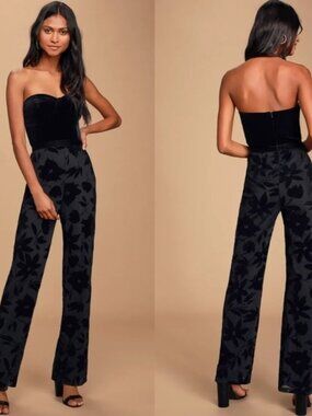 Lulus Love About It Black Velvet Burnout Strapless Jumpsuit Size XL